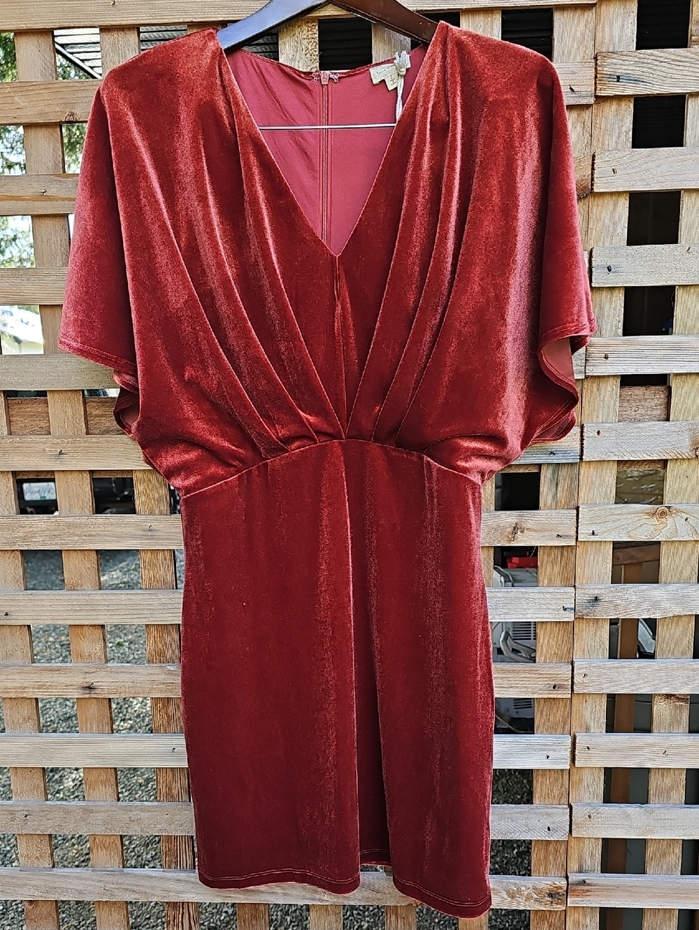 Velvet V-Neck Short Sleeve Dress in Deep Rust